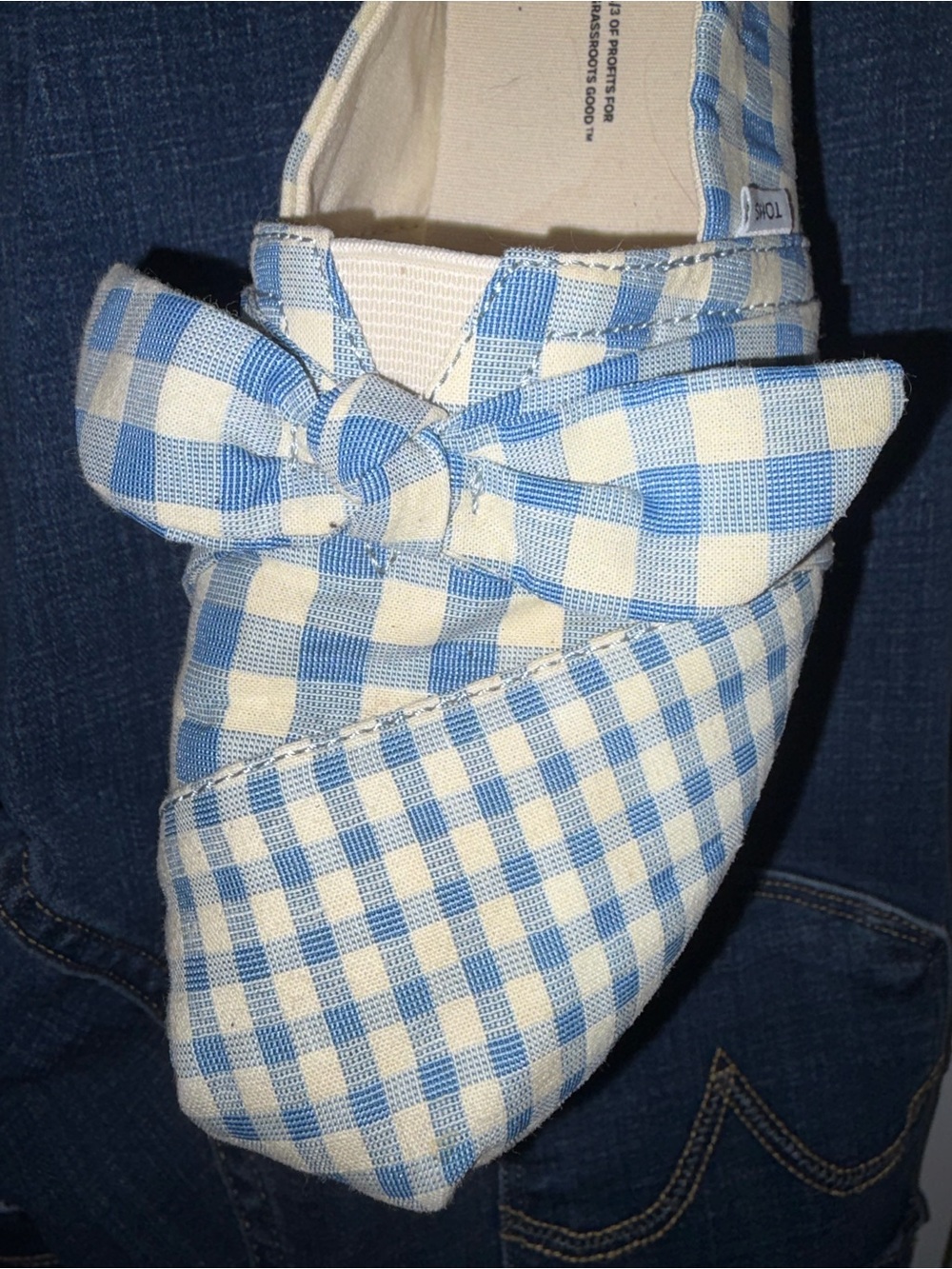 TOMS Light Blue and White Gingham Bow Slip-Ons - Picture 3 of 8